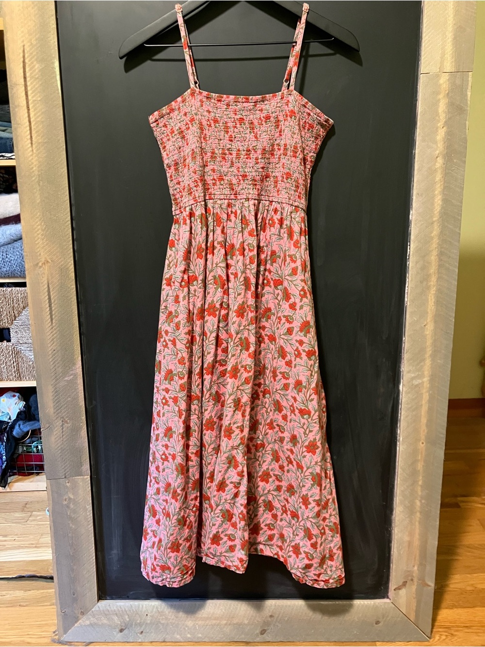 dRA Los Angeles Coral Pink Indian Block Print Smocked Midi Dress